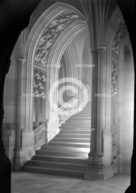 Staircase in the John Rylands Library, Deansgate, University of Manchester, 1942. Artist: GB Wood