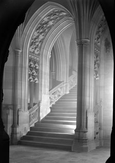 Staircase in the John Rylands Library, Deansgate, University of Manchester, 1942. Artist: GB Wood
