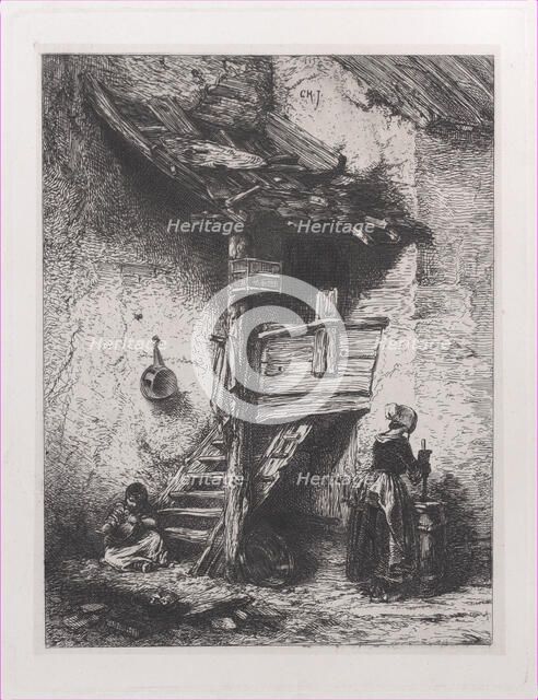 Stairs and Woman Churning, 1845. Creator: Charles Emile Jacque.