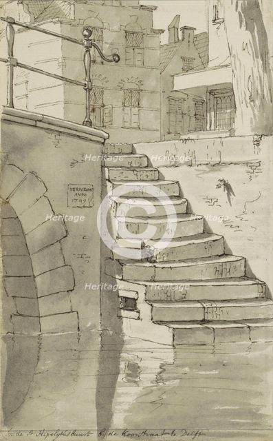 Stairs to the canal on the Koorstraat in Delft, c.1783-c.1797. Creator: Johannes Huibert Prins.