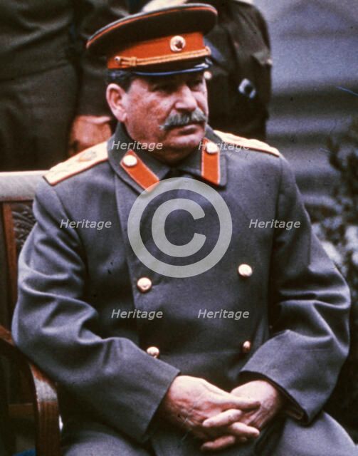 Stalin, Yalta Conference, February, 1945. This Kodak Kodachrome photograph was not colorized. Creators: Central Office of Information, Unknown.