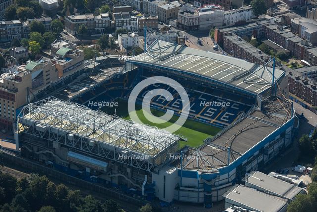 Stamford Bridge Stadium, home to Chelsea Football Club, Chelsea, London, 2021. Creator: Damian Grady.