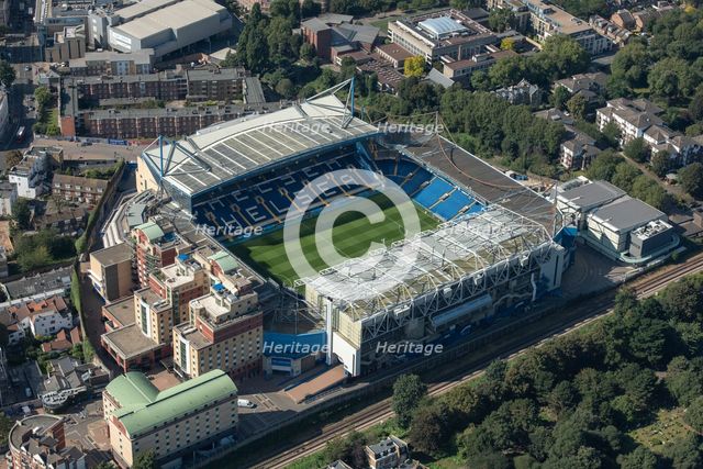 Stamford Bridge Stadium, home to Chelsea Football Club, Chelsea, London, 2021. Creator: Damian Grady.