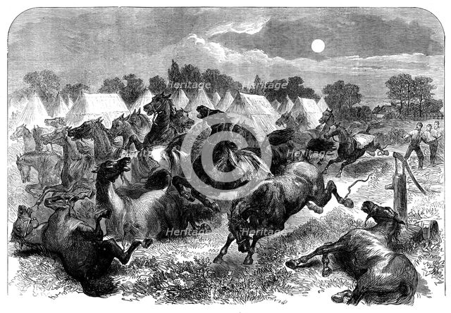 Stampede of cavalry horses at Aldershott Camp, 1871. Creator: Unknown.