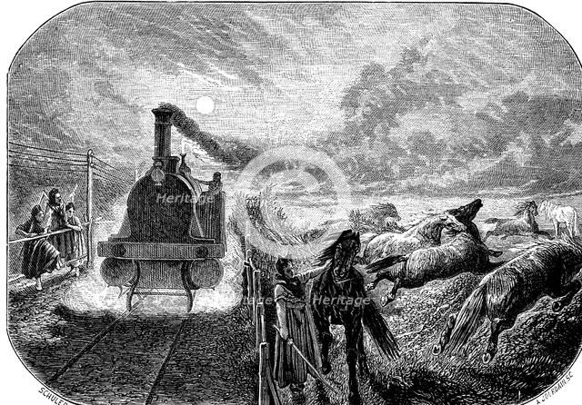 Stampede of horses when passing a steam train in the Alsace region, drawing engraved by M. Schule…