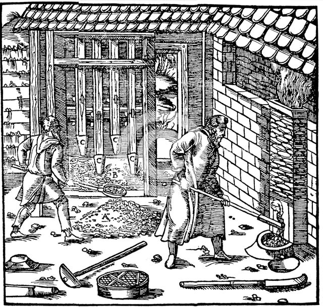 Stamping and roasting ore to extract metal, 1556. Creator: Unknown.