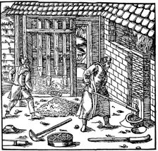 Stamping and roasting ore to extract metal, 1556. Creator: Unknown