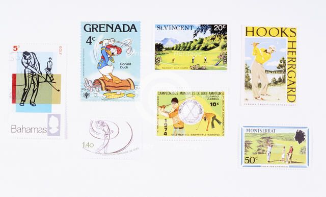 Stamps from various Caribbean islands, with golfing theme, 20th century. Artist: Unknown