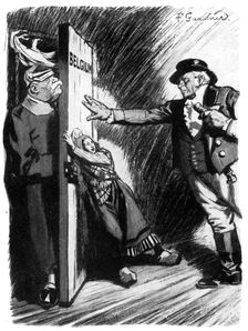 Stand Back! John Bull helps little Belgium to bar the German invader, First World War, 1914