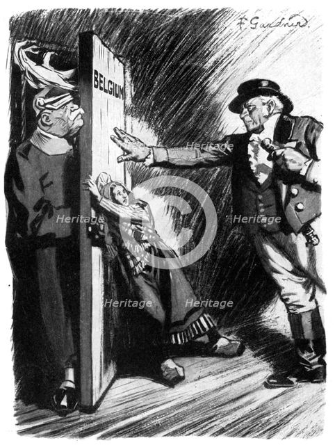 'Stand Back!', John Bull helps little Belgium to bar the German invader, First World War, 1914. Artist: Unknown