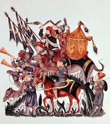 Standard bearers, drummers and trumpeters of a Saracen army, 13th century