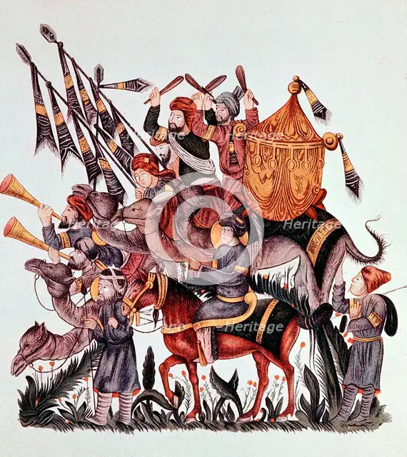 Standard bearers, drummers and trumpeters of a Saracen army, 13th century. Artist: Unknown