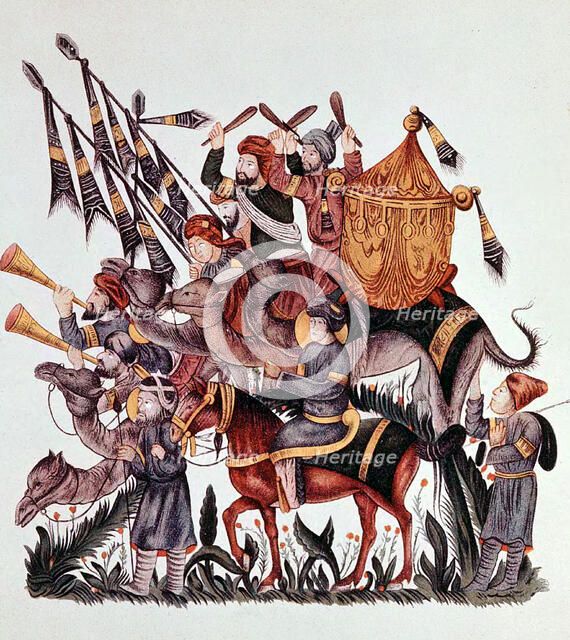 Standard bearers, drummers and trumpeters of a Saracen army, 13th century. Artist: Unknown