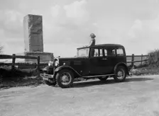 Standard Sixteen saloon beside the Cricket Monument, Hambledon, Hampshire, 1930s Artist: Bill Brunell