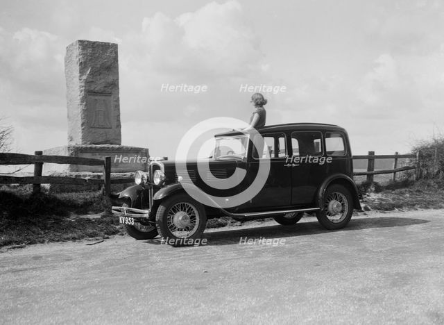 Standard Sixteen saloon beside the Cricket Monument, Hambledon, Hampshire, 1930s Artist: Bill Brunell.