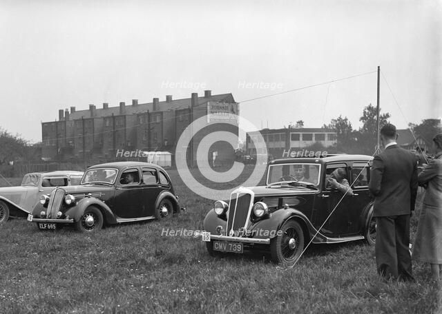 Standard SS I, Flying Twelve and Twelve at the Standard Car Owners Club Gymkhana, 8 May 1938. Artist: Bill Brunell.