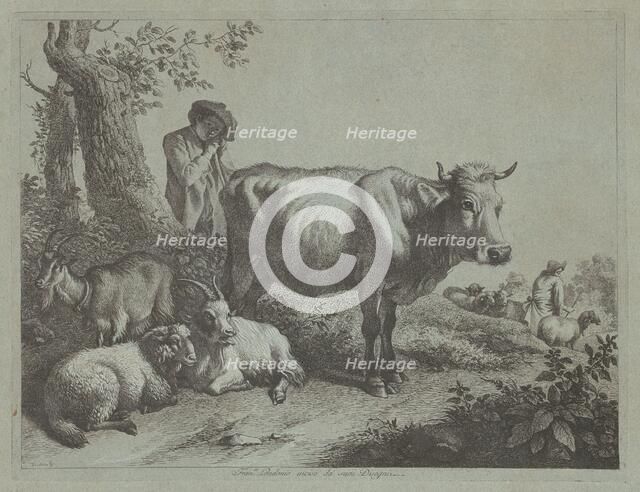 Standing Cow and a Shepherd Boy with Flock, 1760s. Creator: Francesco Londonio.