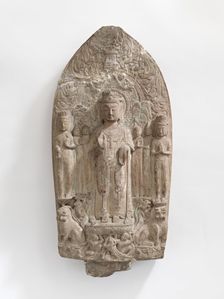 Standing bodhisattvas with monks, Pratyekabuddhas, lions..., Period of Division, 557-581. Creator: Unknown
