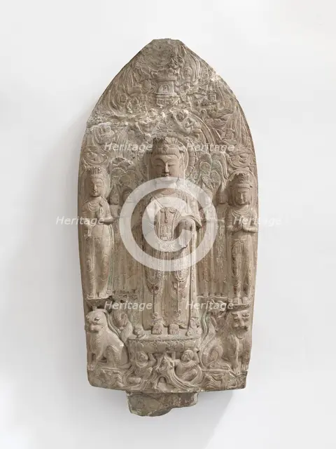 Standing bodhisattvas with monks, Pratyekabuddhas, lions..., Period of Division, 557-581. Creator: Unknown.