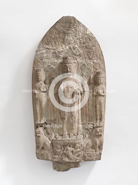 Standing bodhisattvas with monks, Pratyekabuddhas, lions..., Period of Division, 557-581. Creator: Unknown.