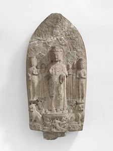 Standing bodhisattvas with monks, Pratyekabuddhas, lions..., Period of Division, 557-581. Creator: Unknown