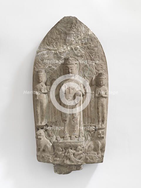 Standing bodhisattvas with monks, Pratyekabuddhas, lions..., Period of Division, 557-581. Creator: Unknown.