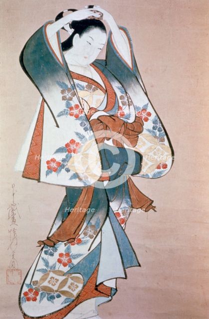 'Standing Beauty Arranging Her Hair', c1714. Artist: Ando Kaigetsudo