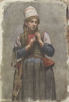 Standing girl in traditional costume with skates, 1874-1925. Creator: Jan Veth