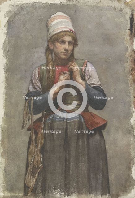 Standing girl in traditional costume with skates, 1874-1925. Creator: Jan Veth.