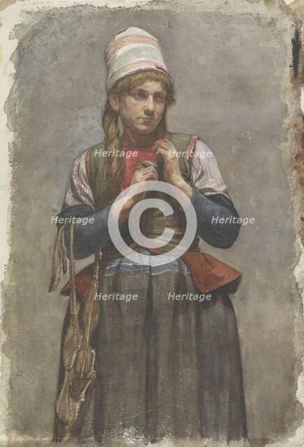 Standing girl in traditional costume with skates, 1874-1925. Creator: Jan Veth.