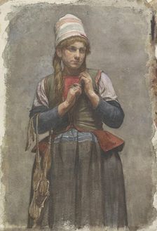 Standing girl in traditional costume with skates, 1874-1925. Creator: Jan Veth