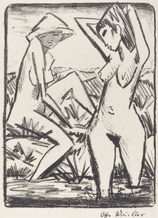 Standing Girl in Water and the Other Sitting on Shore (Im Wasser stehendes und am...), 1921/1922. Creator: Otto Mueller