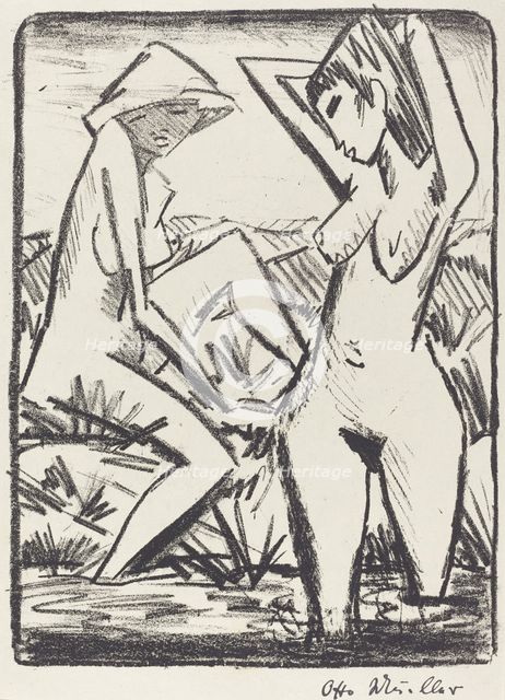 Standing Girl in Water and the Other Sitting on Shore (Im Wasser stehendes und am...), 1921/1922. Creator: Otto Mueller.