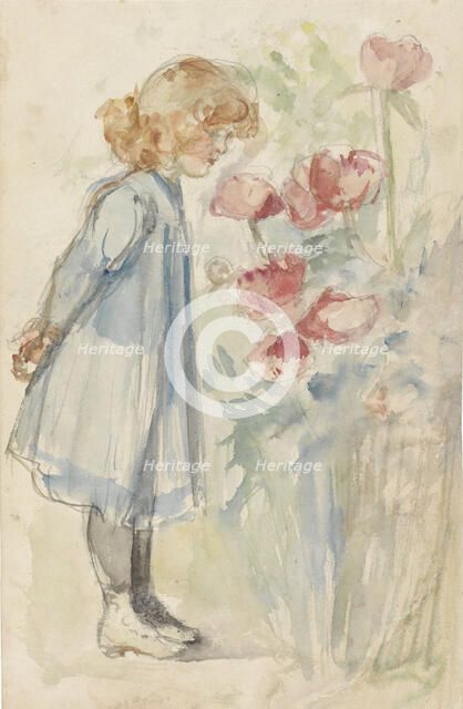 Standing girl in flower garden, 1834-1911. Creator: Jozef Israels.