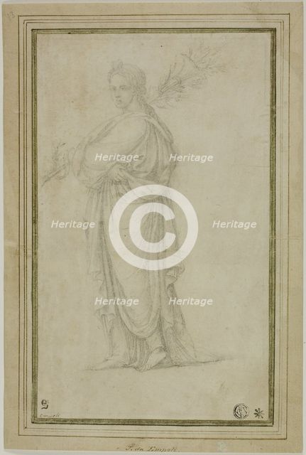 Standing Draped Female Figure Carrying Trumpet, Flowers, n.d. Creator: Unknown.