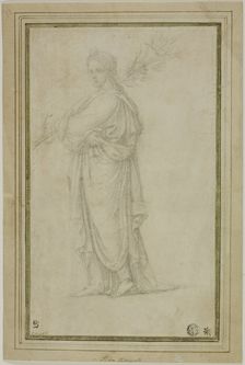 Standing Draped Female Figure Carrying Trumpet, Flowers, n.d. Creator: Unknown