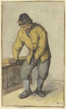 Standing farmer from the front, unbuttoning his trousers, after 1670. Creator: Adriaen van Ostade