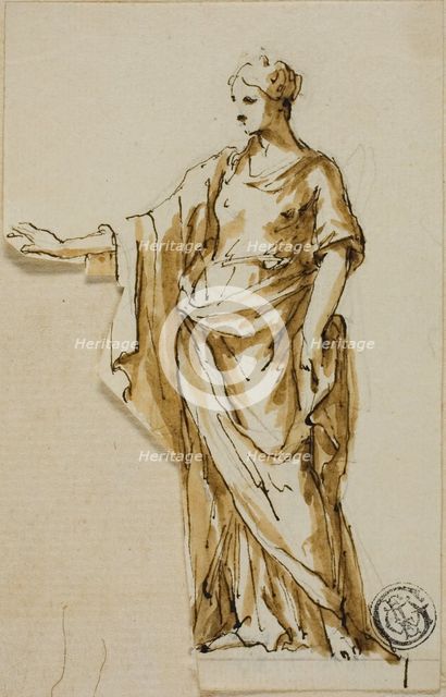 Standing Female Figure with Right Arm Raised, n.d. Creators: John Michael Rysbrack, Sir James Thornhill.