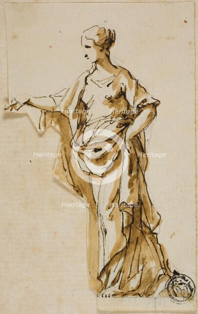 Standing Female Figure with Right Hand Raised, n.d. Creators: John Michael Rysbrack, Sir James Thornhill.