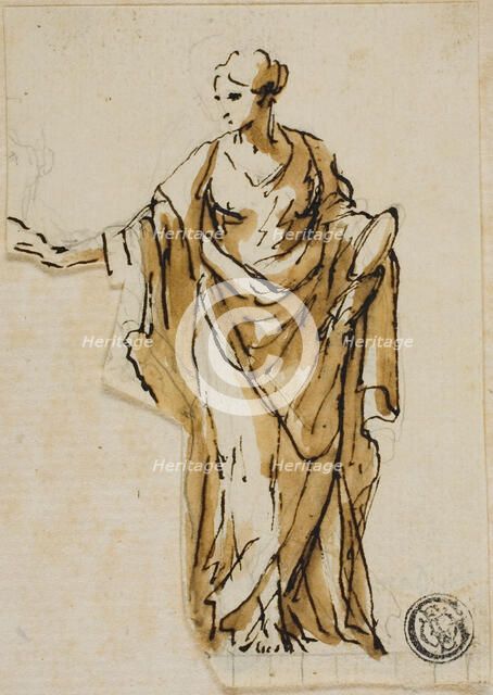 Standing Female Figure with Right Hand Raised, n.d. Creators: John Michael Rysbrack, Sir James Thornhill.