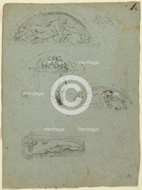 Standing Figure in a Niche and Studies for the Ugolino Group (recto); Red-Robed Prelate..., 1857/58. Creator: Jean-Baptiste Carpeaux.