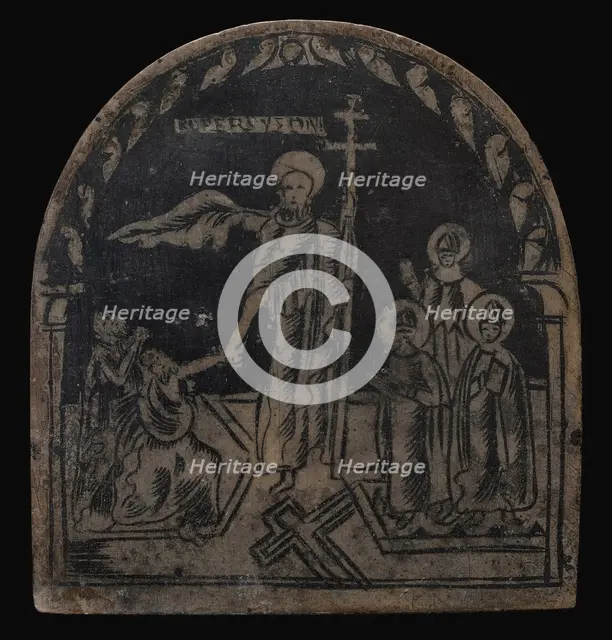 Standing Haloed Figure with Double Cross; At Right, Three Bishop Saints. Creator: Unknown.