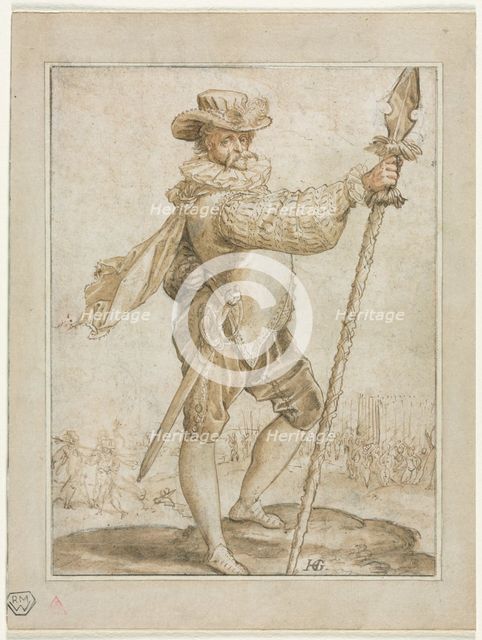 Standing Officer Holding a Boar's Spear, 1586. Creator: Hendrick Goltzius (Dutch, 1558-1617).