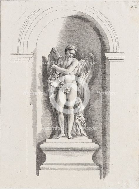 Standing male angel holding an empty bowl and looking down; a..., possibly mid to late 18th century. Creator: Anon.
