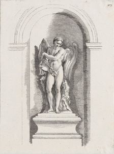 Standing male angel holding an empty bowl and looking down; a..., possibly mid to late 18th century. Creator: Anon