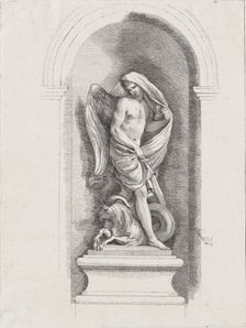 Standing male angel holding drapery and standing over a ram; ..., possibly mid to late 18th century. Creator: Anon
