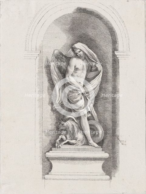Standing male angel holding drapery and standing over a ram; ..., possibly mid to late 18th century. Creator: Anon.
