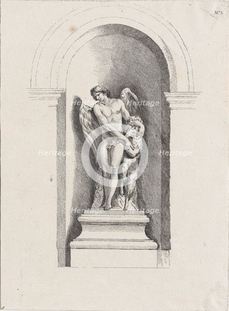 Standing male angel looking down to left and holding a ram; a..., possibly mid to late 18th century. Creator: Anon.