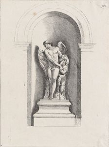 Standing male angel looking down to left and holding a ram; a..., possibly mid to late 18th century. Creator: Anon