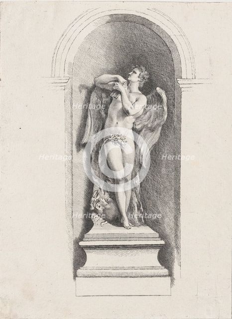 Standing male angel looking up and holding a flute; after Fon..., possibly mid to late 18th century. Creator: Anon.